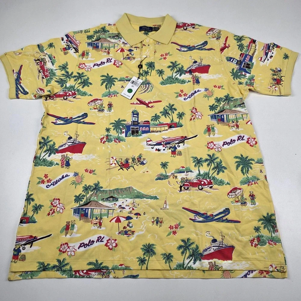 Polo Ralph Lauren Hawaiian Polo Shirt Mens 3XLT Yellow Aloha Print Short Sleeve